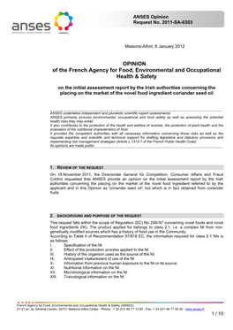 OPINION of the French Agency for Food, Environmental and Occupational Health & Safety