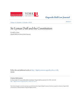 SIR LYMAN DUFF and the CONSTITUTION by GERALD LEDAIN, Q.C.*