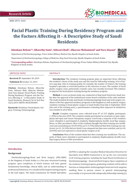 Facial Plastic Training During Residency Program and the Factors Affecting It - a Descriptive Study of Saudi Residents