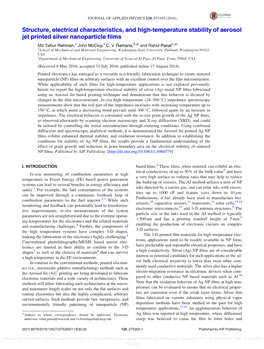 Structure, Electrical Characteristics, and High-Temperature Stability of Aerosol Jet Printed Silver Nanoparticle Films Md Taibur Rahman,1 John Mccloy,1 C