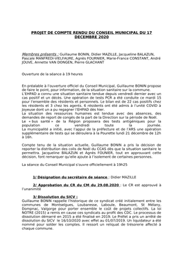 Projet De Compte Rendu Du Conseil Municipal Du 17 Decembre 2020