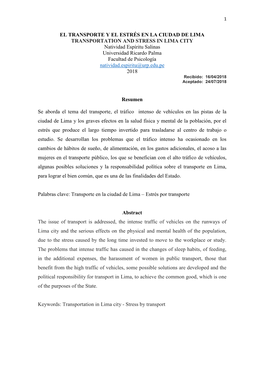 EL TRANSPORTE Y EL ESTRÉS EN LA CIUDAD DE LIMA TRANSPORTATION and STRESS in LIMA CITY Natividad Espíritu Salinas Universidad R