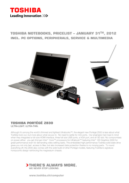 Toshiba Notebooks, Pricelist – January 31Th, 2012 Incl