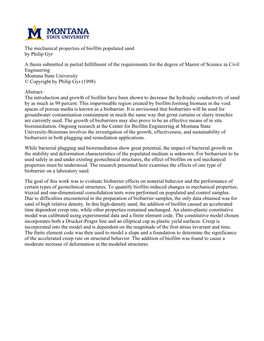 The Mechanical Properties of Biofilm Populated Sand by Philip Gyr a Thesis Submitted in Partial Fulfillment of the Requirements