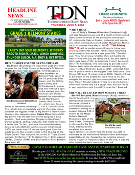 HEADLINE NEWS for Information About TDN, Best of Luck to MICHITA (Dynaformer) Call 732-747-8060