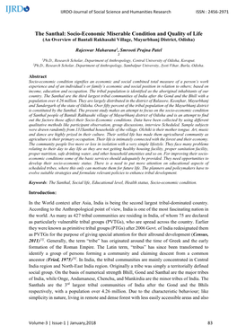 The Santhal: Socio-Economic Miserable Condition and Quality of Life (An Overview of Bantali Rakhasahi Village, Mayurbhanj District, Odisha)