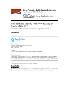 Revue Française De Civilisation Britannique, XXVI-1 | 2021 John Reith and the BBC 1922-1939: Building an Empire of the Air? 2