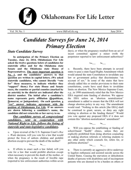 Primary Election Candidate Survey June 24, 2014