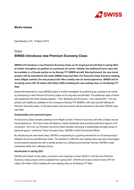 SWISS Introduces New Premium Economy Class