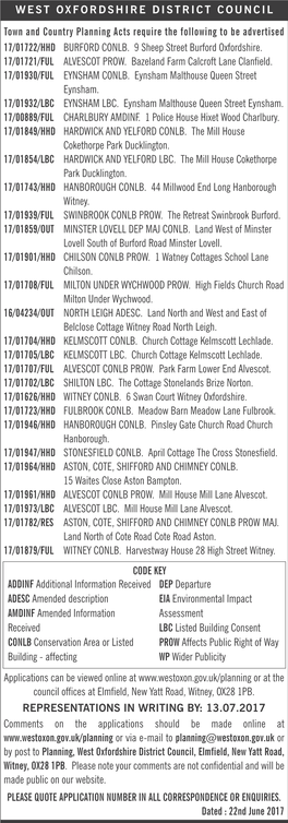 Town and Country Planning Acts Require the Following to Be Advertised 17/01722/HHD BURFORD CONLB