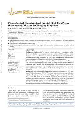 Physicochemical Characteristics of Essential Oil of Black Pepper (Piper Nigrum) Cultivated in Chittagong, Bangladesh S