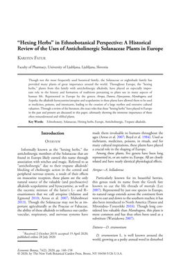 “Hexing Herbs” in Ethnobotanical Perspective: a Historical Review of the Uses of Anticholinergic Solanaceae Plants in Europe