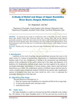 A Study of Relief and Slope of Upper Kundalika River Basin, Raigad, Maharashtra