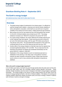 Grantham Briefing Note 4 – September 2013 the Earth's Energy Budget Overview