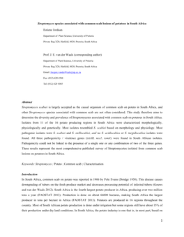 Streptomyces Species Associated with Common Scab Lesions of Potatoes in South Africa Estiene Jordaan Prof. J. E. Van Der Waals (