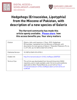 Hedgehogs (Erinaceidae, Lipotyphla) from the Miocene of Pakistan, with Description of a New Species of Galerix