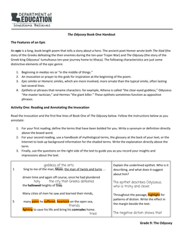 The Odyssey Book One Handout the Features of an Epic Activity