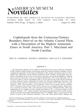 Cephalopods from the Cretaceous/Tertiary Boundary Interval on the Atlantic Coastal Plain, with a Description of the Highest Ammonite Zones in North America