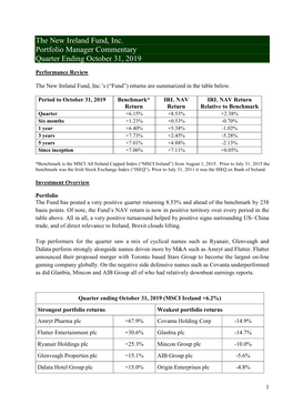 The New Ireland Fund, Inc. Portfolio Manager Commentary Quarter Ending October 31, 2019