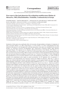 First Report of the Land Planarian Diversibipalium Multilineatum (Makino & Shirasawa, 1983) (Platyhelminthes, Tricladida, Continenticola) in Europe