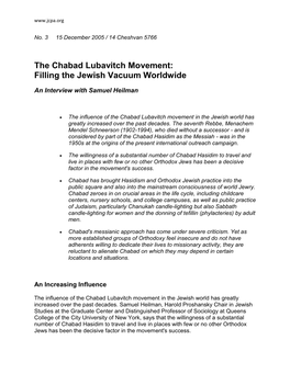 The Chabad Lubavitch Movement: Filling the Jewish Vacuum Worldwide