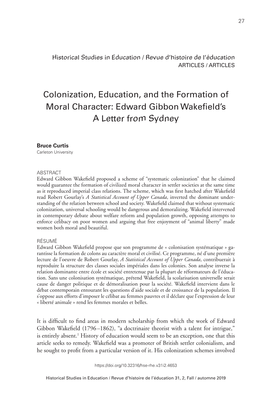 Colonization, Education, and the Formation of Moral Character: Edward Gibbon Wakefield's a Letter from Sydney