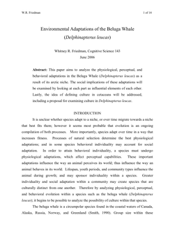 Environmental Adaptations of the Beluga Whale (Delphinapterus Leucas)