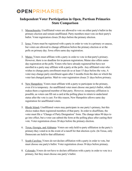 Independent Voter Participation in Open, Partisan Primaries State Comparison