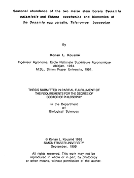 Seasonal Abundance of the Two Maize Stem Borers Sesamia Calamistis and Eldana Saccharina and Bionomics of the Sesamia Egg Parasite, Telenomus Busseolae