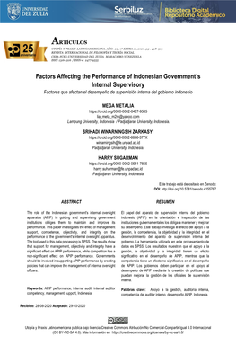 Factors Affecting the Performance of Indonesian Government´S Internal Supervisory Factores Que Afectan El Desempeño De Supervisión Interna Del Gobierno Indonesio