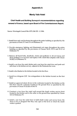 Appendix a Manly Vale Hotel Chief Health and Building Surveyor's Recommendations Regarding Renewal of Licence, Based Upon Board