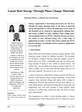 Latent Heat Storage Through Phase Change Materials