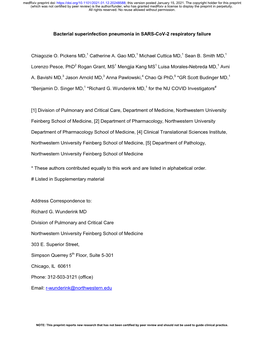 Bacterial Superinfection Pneumonia in SARS-Cov-2 Respiratory Failure Chiagozie O. Pickens MD,1 Catherine A. Gao MD,1 Michael