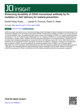 Enhancing Durability of CIS43 Monoclonal Antibody by Fc Mutation Or AAV Delivery for Malaria Prevention