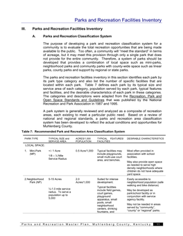 III. Parks and Recreation Facilities Inventory