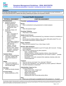 Symptom Management Guidelines: ORAL MUCOSITIS Focused Health Assessment