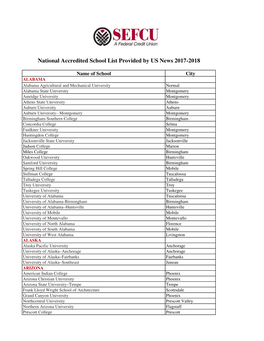 National Accredited School List Provided by US News 2017-2018