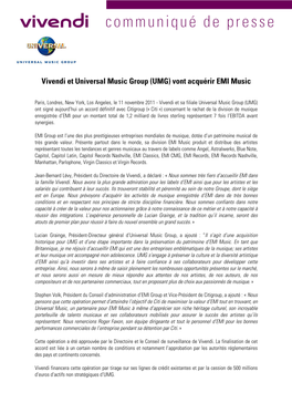 Vivendi Et Universal Music Group (UMG) Vont Acquérir EMI Music