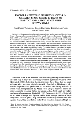 Factors Affecting Nesting Success in Greater Snow Geese: Effects of Habitat and Association with Snowy Owls