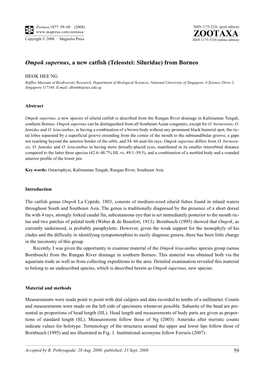 Zootaxa, Ompok Supernus, a New Catfish (Teleostei: Siluridae) From