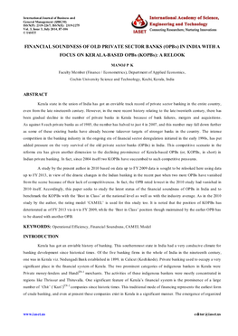 FINANCIAL SOUNDNESS of OLD PRIVATE SECTOR BANKS (Opbs) in INDIA with a FOCUS on KERALA-BASED Opbs (Kopbs): a RELOOK