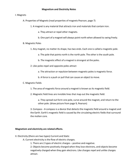 Magnetism and Electricity Notes