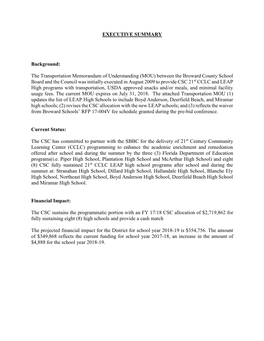 EXECUTIVE SUMMARY Background: the Transportation Memorandum of Understanding (MOU) Between the Broward County School Board