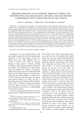 Breeding Biology of an Endemic Bornean Turdid, the Fruithunter (Chlamydochaera Jefferyi), and Life History Comparisons with Turdus Species of the World