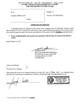 Case 16-12685-KJC Doc 278 Filed 03/23/17 Page 1 of 36 Case 16-12685-KJC Doc 278 Filed 03/23/17 Page 2 of 36 Limitless Mobile, LLC - U.S