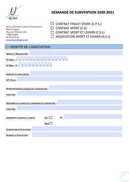 Demande De Subvention 2020-2021