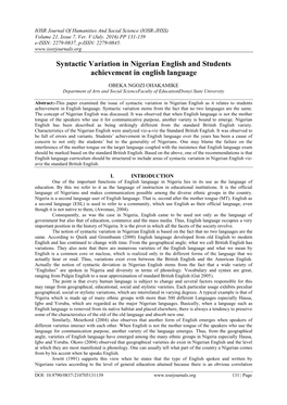 Syntactic Variation in Nigerian English and Students Achievement in English Language