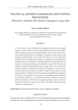 POLITICAL ADVERT CAMPAIGNS and VOTING BEHAVIOUR: Akinwunmi Ambode’S 2015 Election Campaign in Lagos State