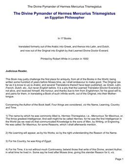 The Divine Pymander of Hermes Mercurius Trismegistus the Divine Pymander of Hermes Mercurius Trismegistus an Egyptian Philosopher
