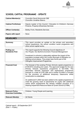 School Capital Programme – Update